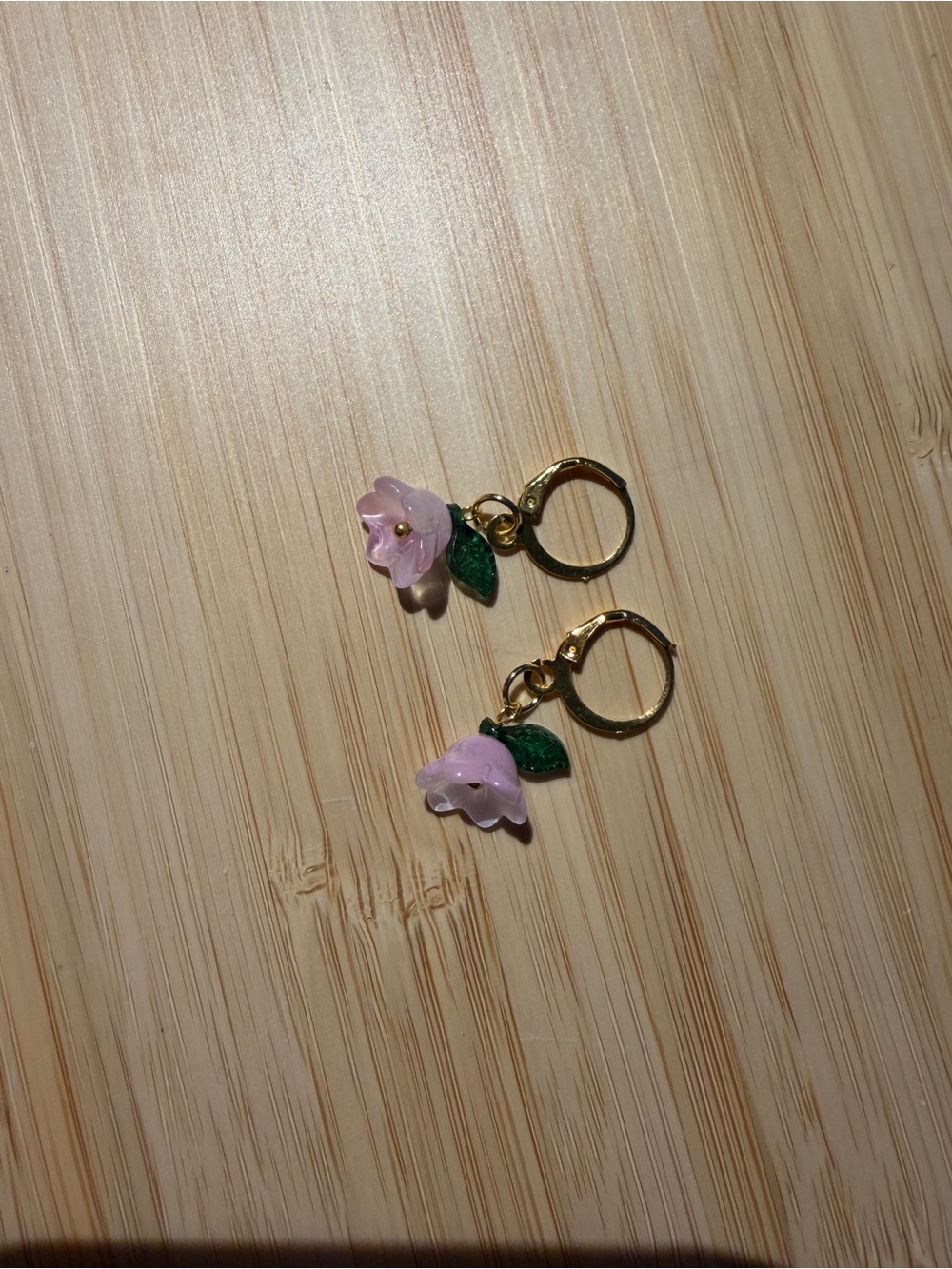 Gold Hoop Earrings with Pink Flower and Green Leaf Charms